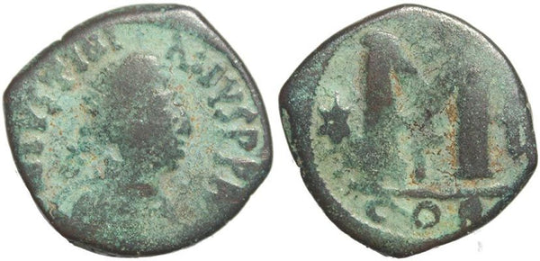 Ancient Byzantine Coin of Justinian AE30 follis minted in Constantinople